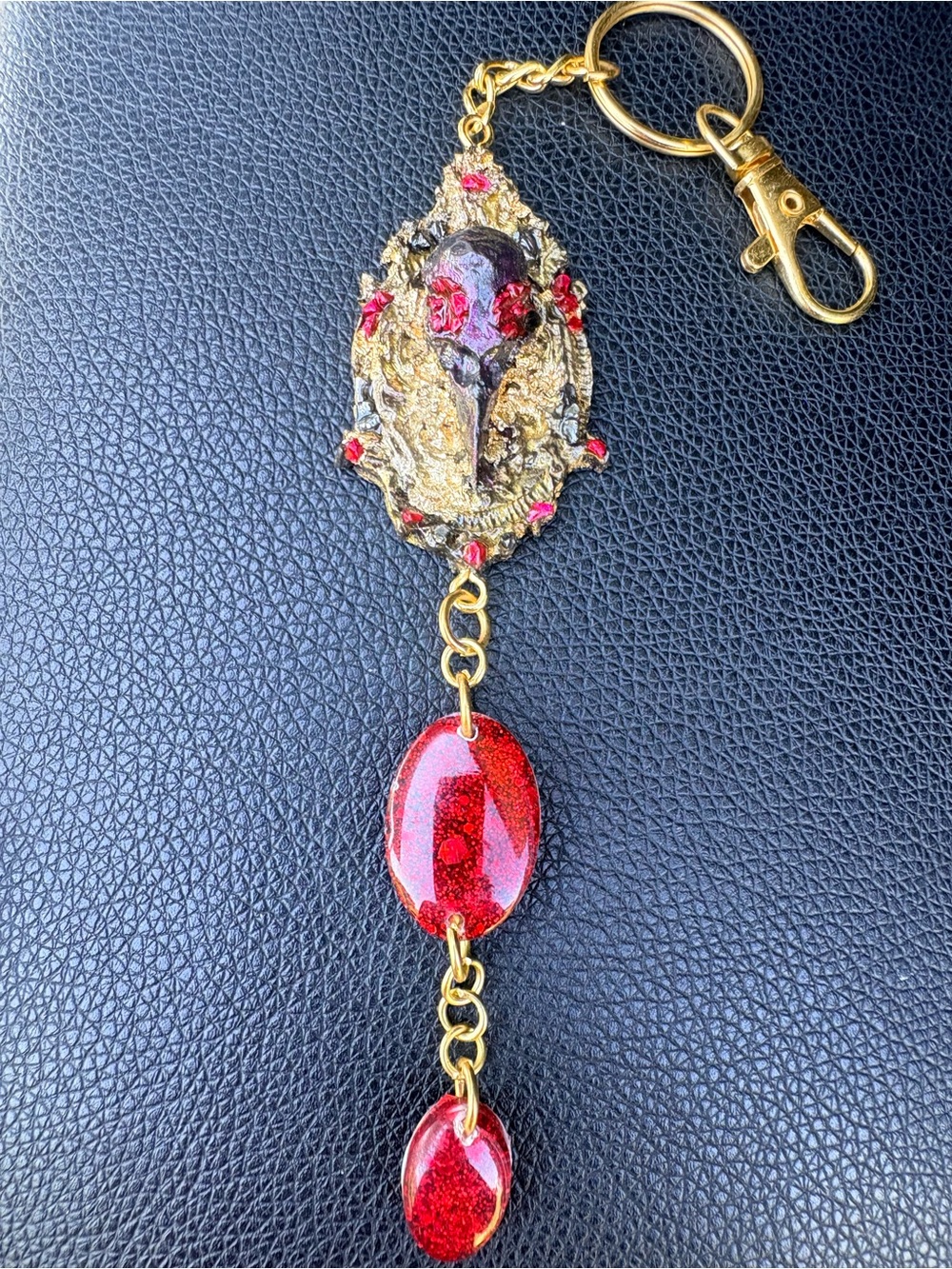 Red and Gold Rustic Queen Raven Protection Charm Keychain